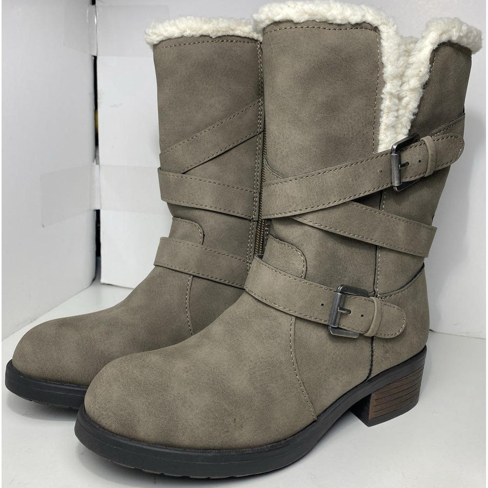 Justice Girls Taupe‎ Faux Suede Fur Trim Buckle Boots Size 3 Mid Calf Zipper